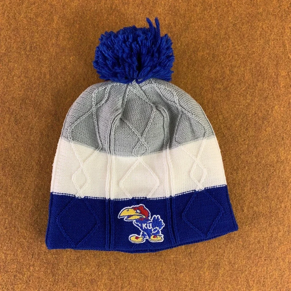 Kansas Jayhawks Adidas OSFA Blue Gray White Cable Knit Pom Beanie